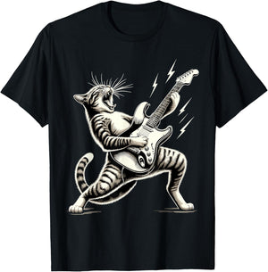 Rock and Roll Funny Cat playing Guitar T-Shirt - T-Shirt | Black