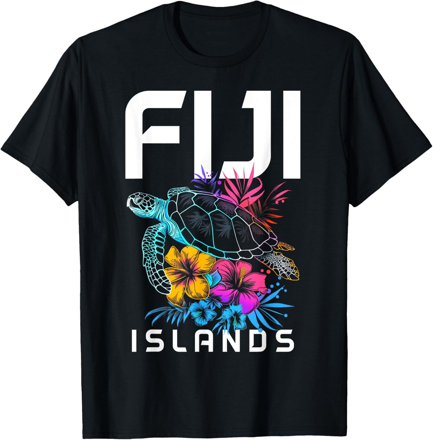 Fiji Islands Sea Turtle Flowers Scuba Diving Surfer Souvenir T-Shirt - T-Shirt | Black