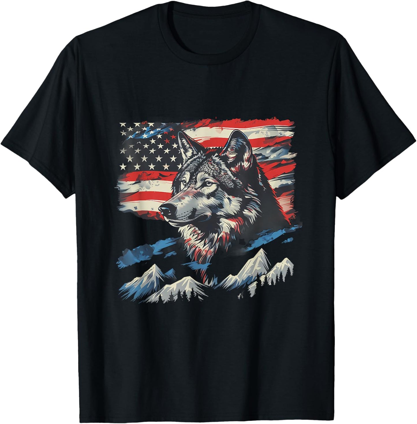 Fourth Of July Wolf American Flag Patriotic 4th Of July T-Shirt - T-Shirt | Black