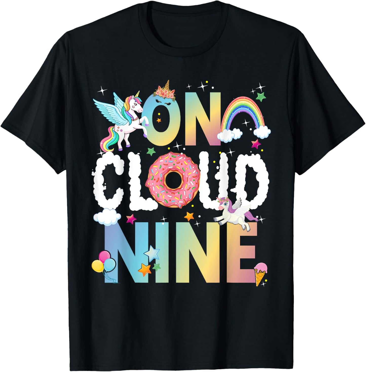 Retro On Cloud Nine Flower Happy 9th Birthday 9 Years Old T-Shirt - T-Shirt | Black