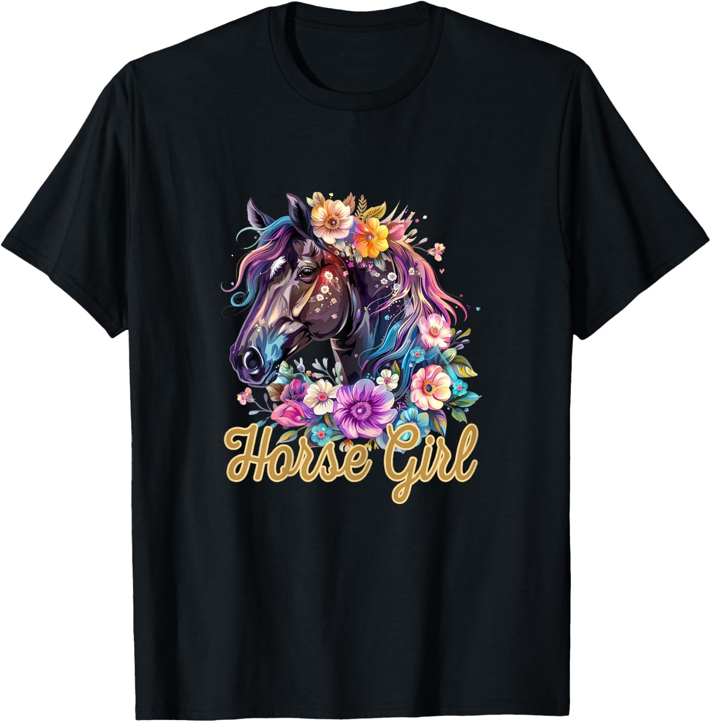 Horse Girl Flower Graphic T-Shirt - T-Shirt | Black