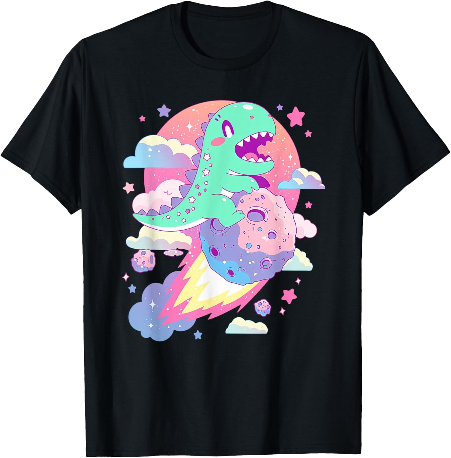 Kawaii Pastel Goth Creepy Cute Chibi Dinosaur on a Comet T-Shirt - T-Shirt | Black