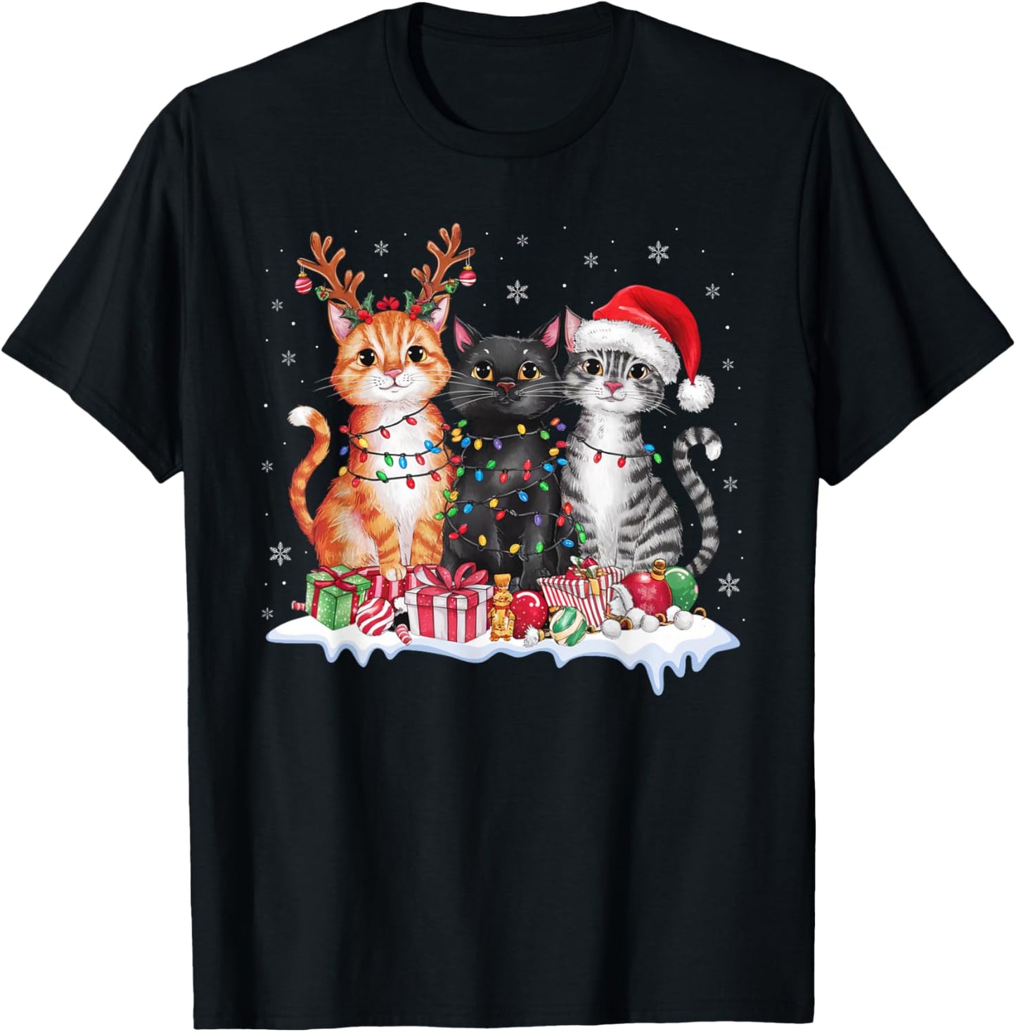 Santa Cat Christmas Light Gorgeous Reindeer Pajama Cat Lover T-Shirt - T-Shirt | Black