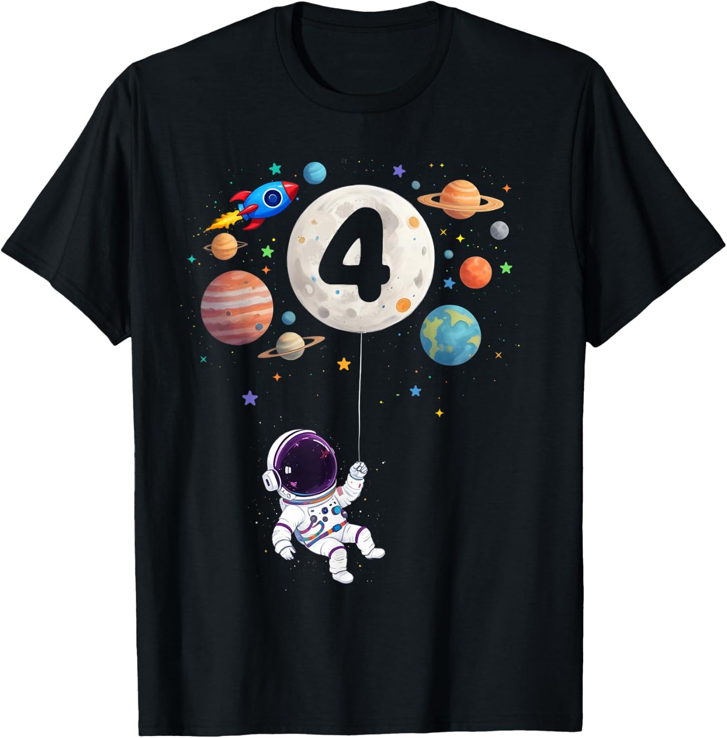 4 Years Old Birthday Space Planets Astronaut 4th Birthday T-Shirt - T-Shirt | Black