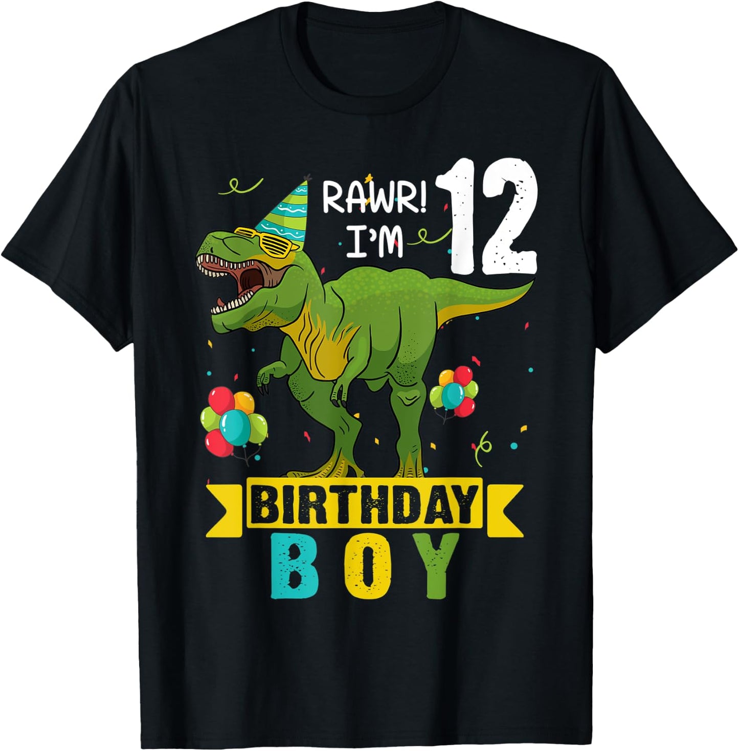 12 Year Old Shirt 12th Birthday Boy T Rex Dinosaur T-Shirt - T-Shirt | Black