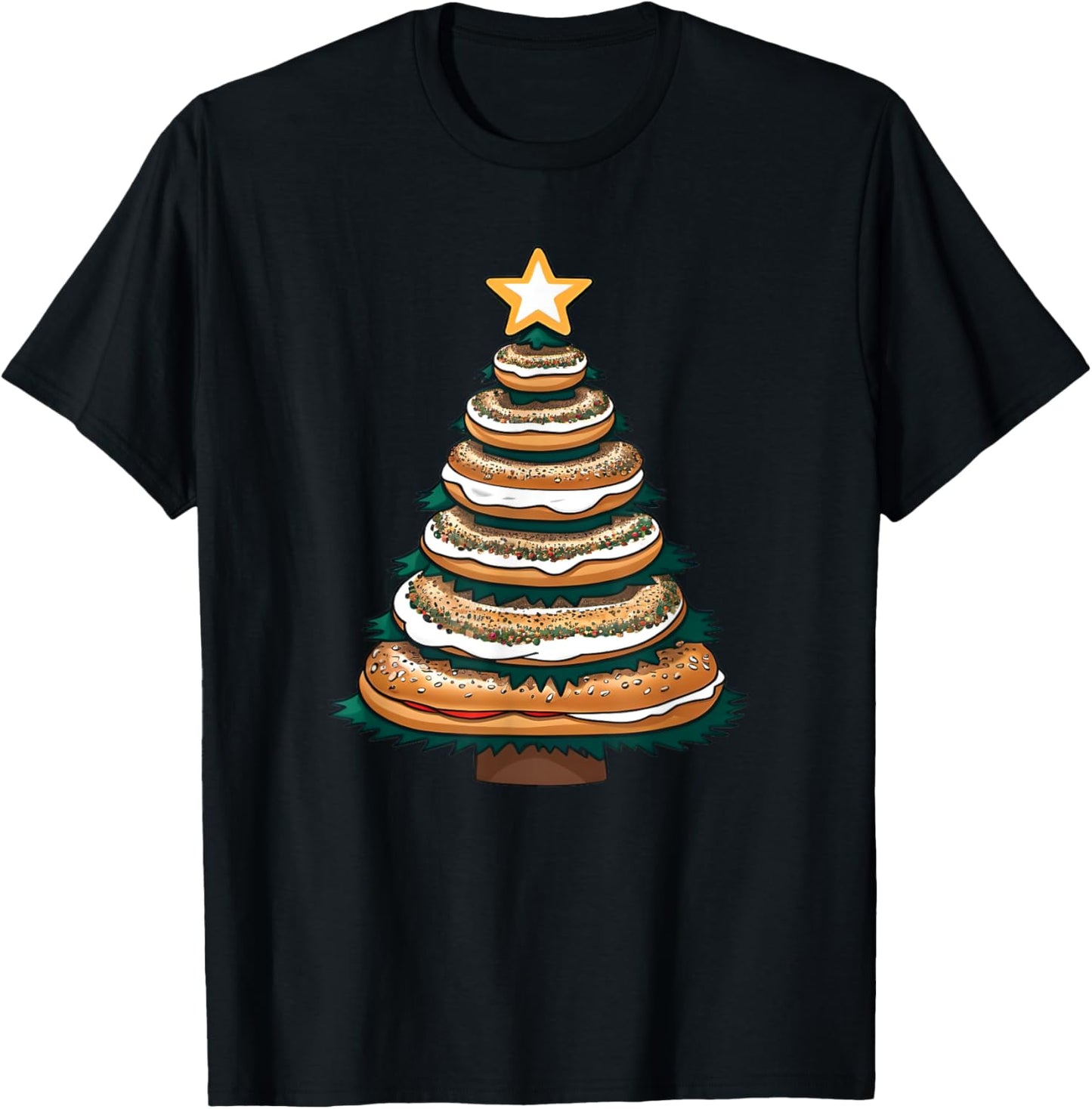 X-mas Breakfast Pastry and Baked Treat -Adults and Kids Blue Small Modern Christmas Everything Bagel with Cream Cheese Christmas Tree T-Shirt - T-Shirt | Black
