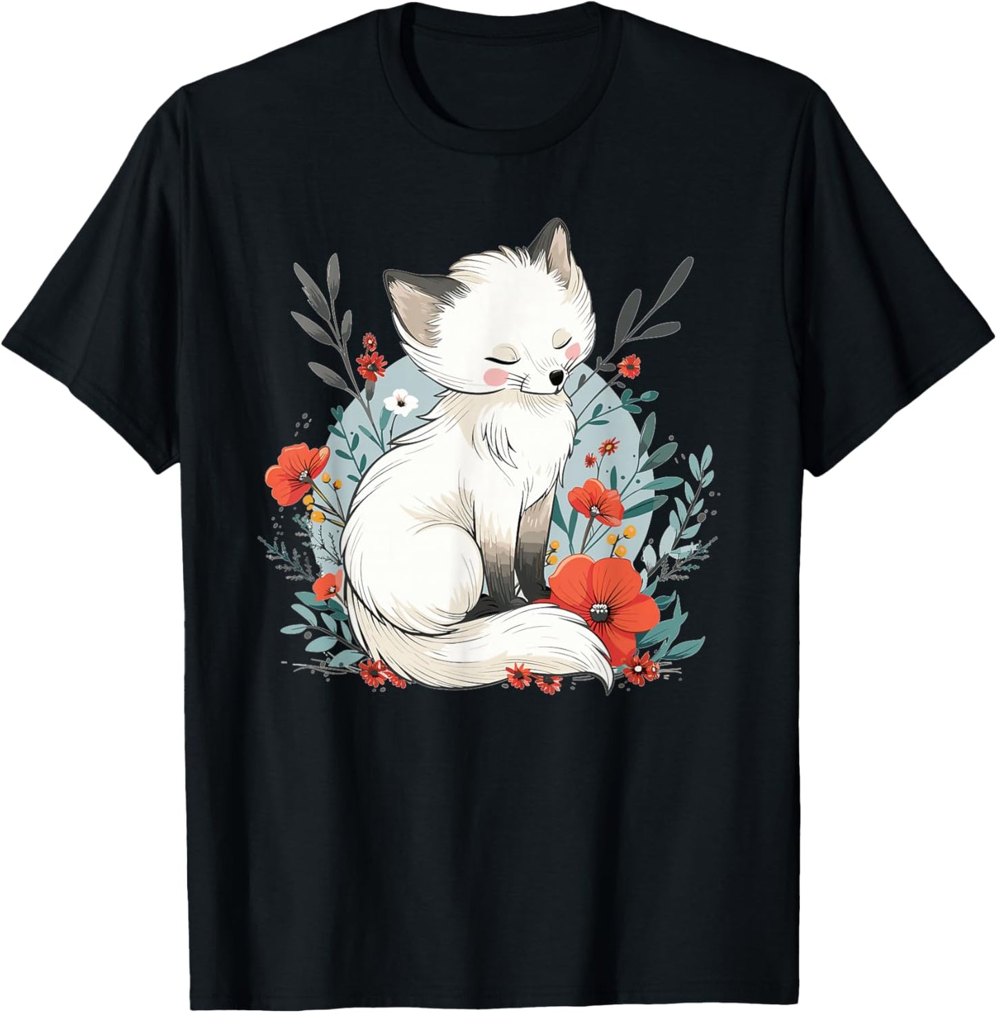 Cute Polar Fox with Flowers I Children's Arctic Fox T-Shirt - T-Shirt | Black