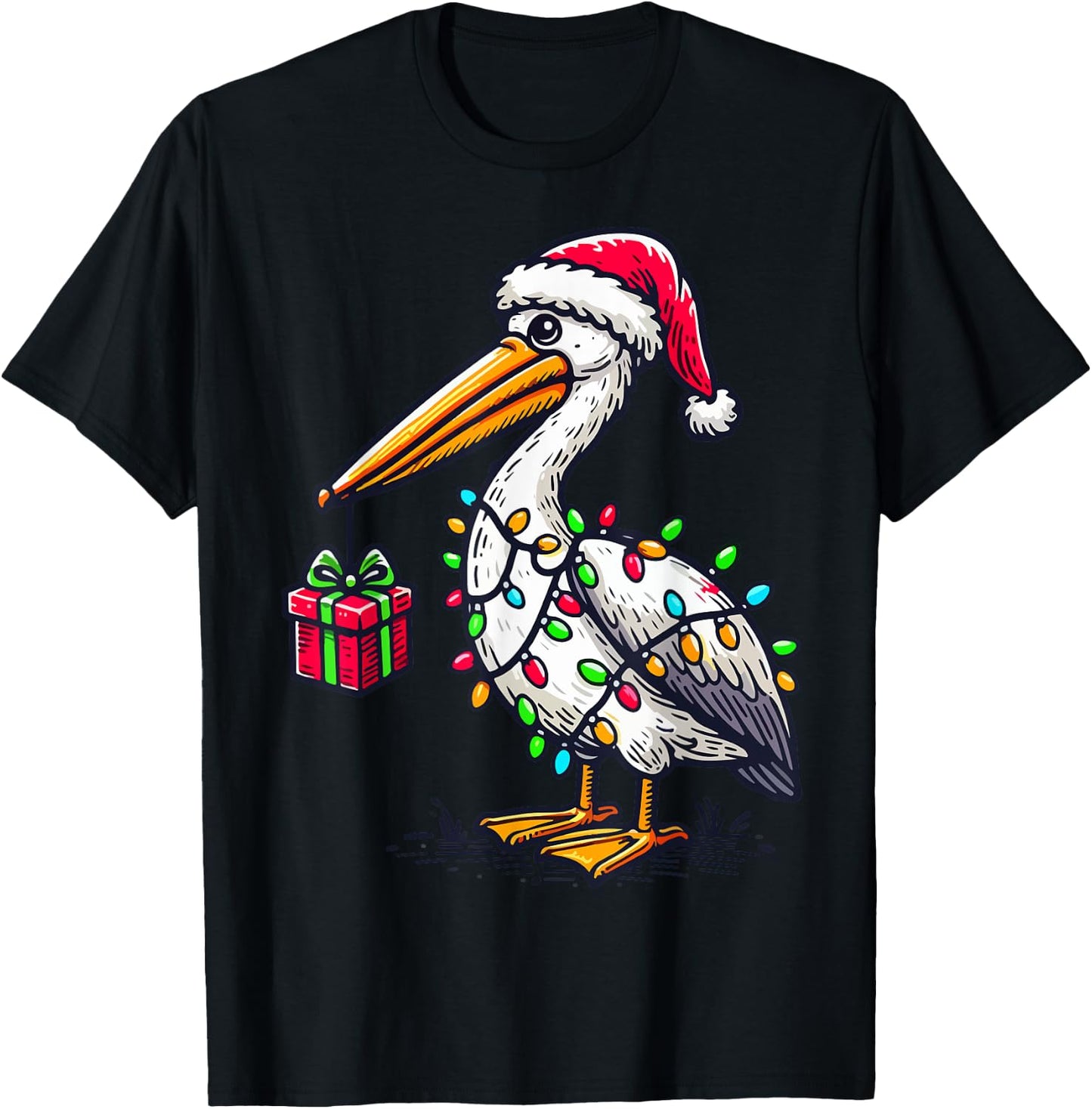 Pelican Bird Wearing Santa Hat, Holding A Present Box Xmas T-Shirt - T-Shirt | Black