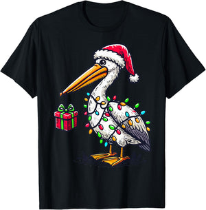 Pelican Bird Wearing Santa Hat, Holding A Present Box Xmas T-Shirt - T-Shirt | Black