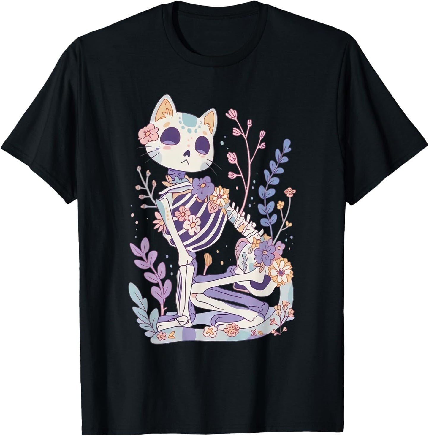 Kawaii Pastel Floral Goth Cute Creepy Cat Skeleton T-Shirt - T-Shirt | Black