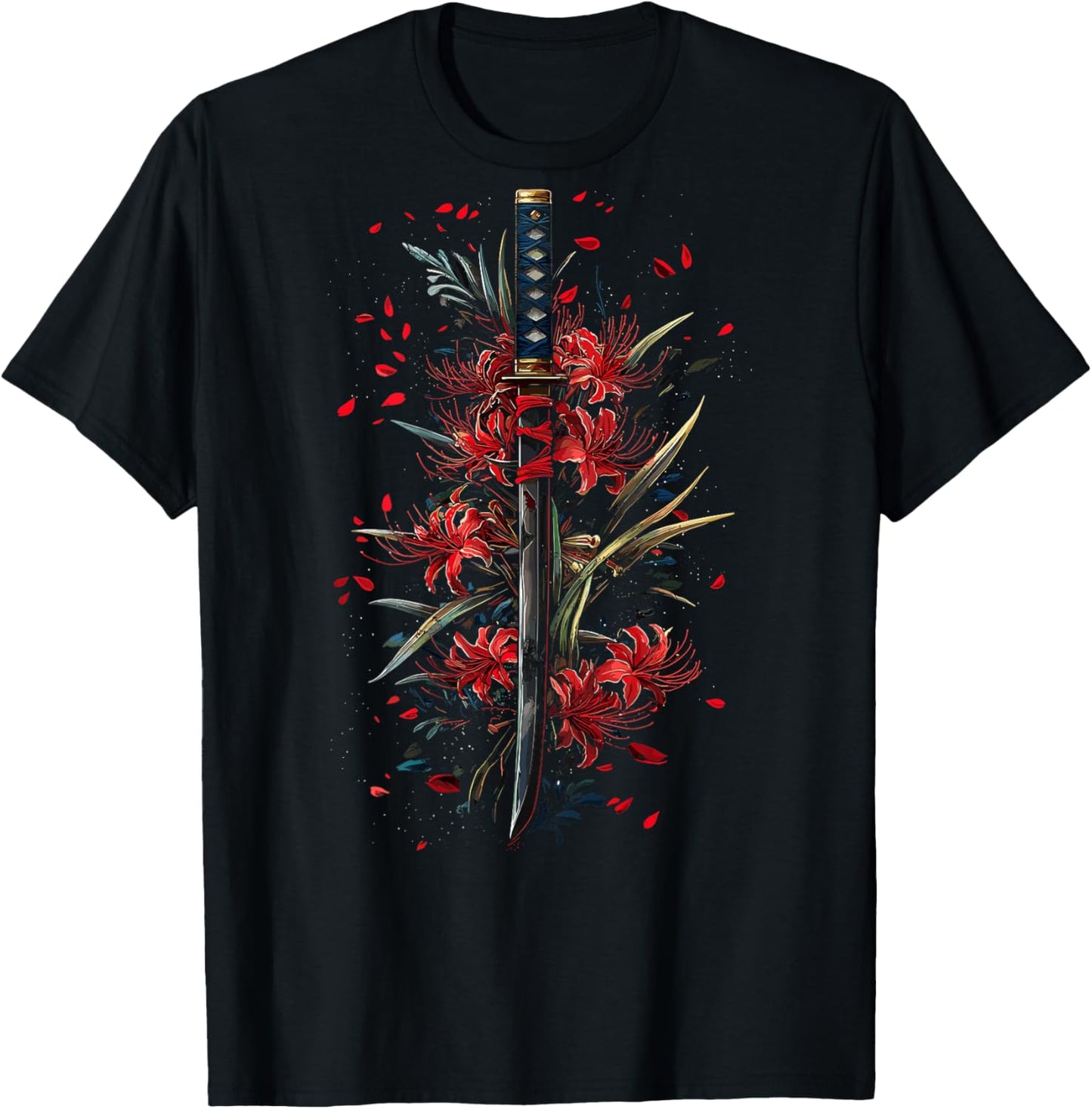 Red Spider Lily Flower Japanese Katana Sword Backprinted T-Shirt - T-Shirt | Black