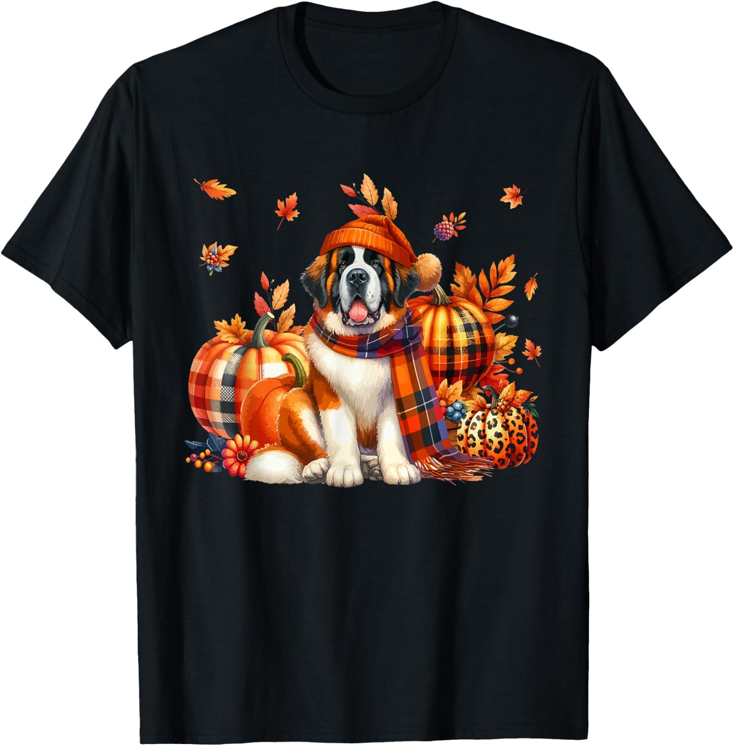 St. Bernard Thanksgiving Leopard Pumpkins Fall Leaves Lover T-Shirt - T-Shirt | Black