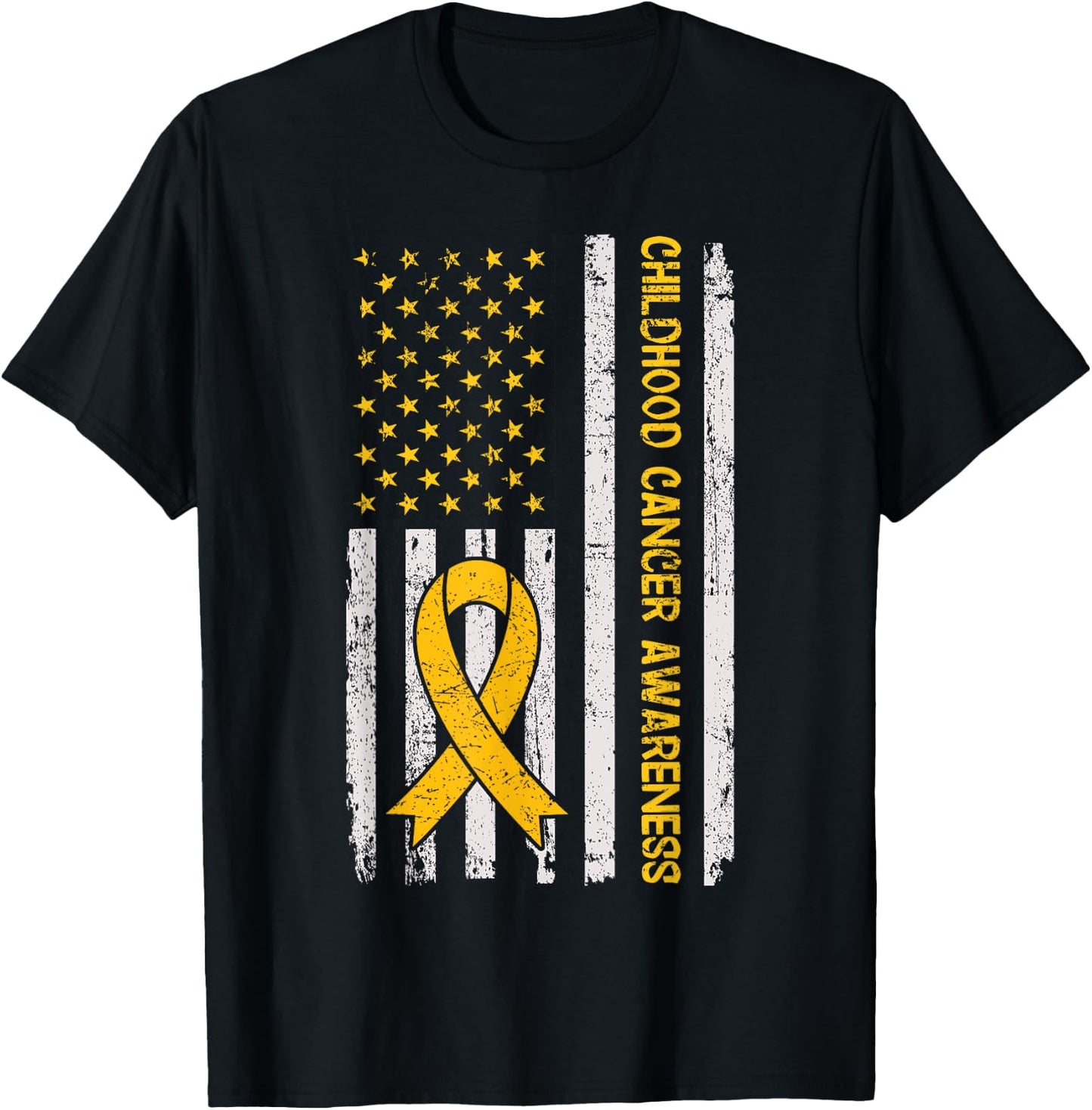 Childhood Cancer Awareness Month Gold Ribbon American Flag T-Shirt - T-Shirt | Black