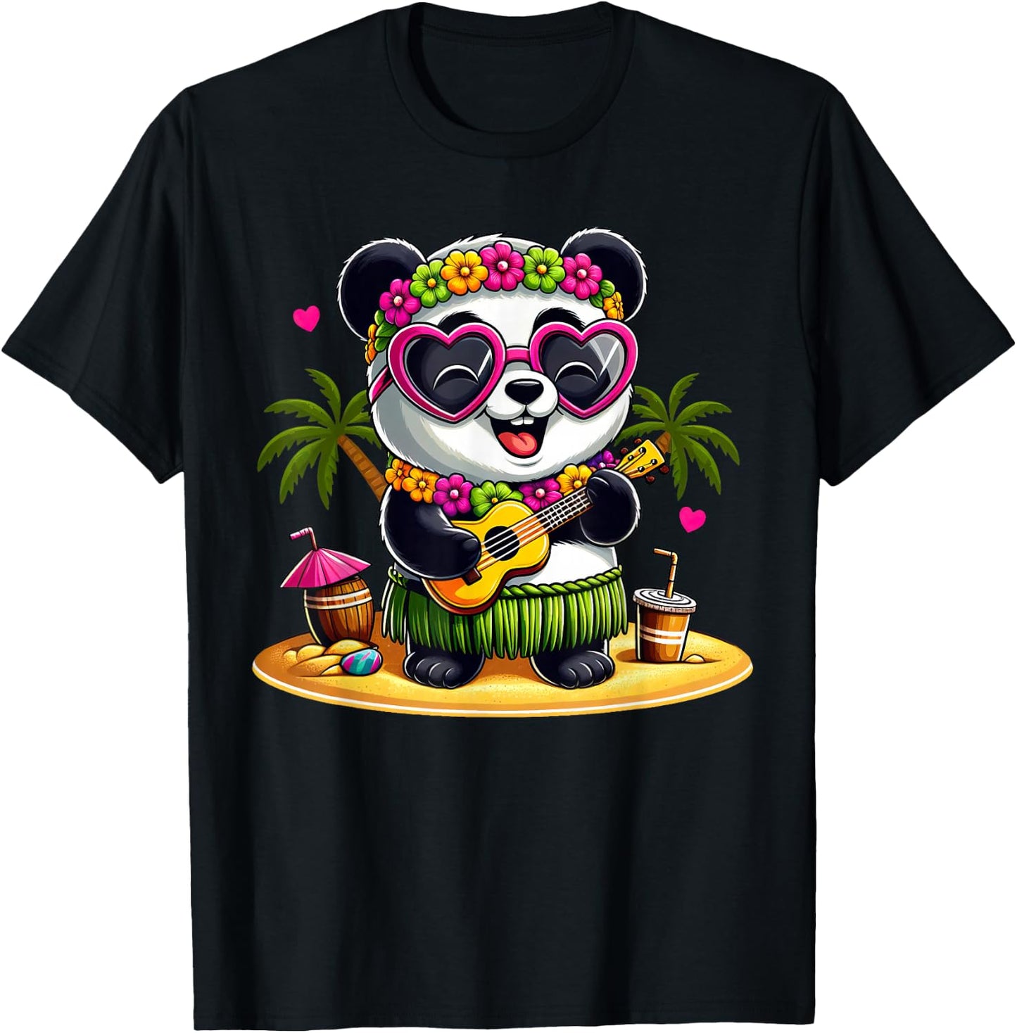 Funny Panda Hawaiian Costume Kids Summer Vacation Panda T-Shirt - T-Shirt | Black