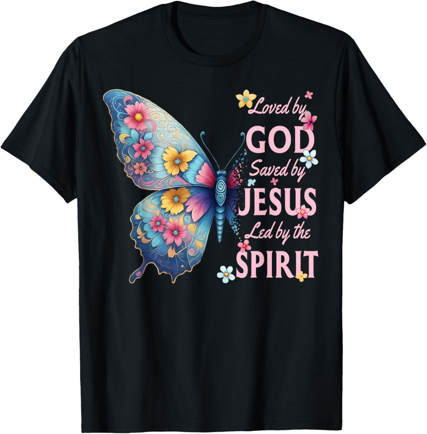 Loved by God Saved by Jesus Christian Floral Butterfly T-Shirt - T-Shirt | Black