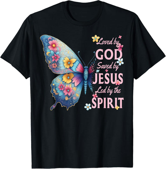 Loved by God Saved by Jesus Christian Floral Butterfly T-Shirt - T-Shirt | Black