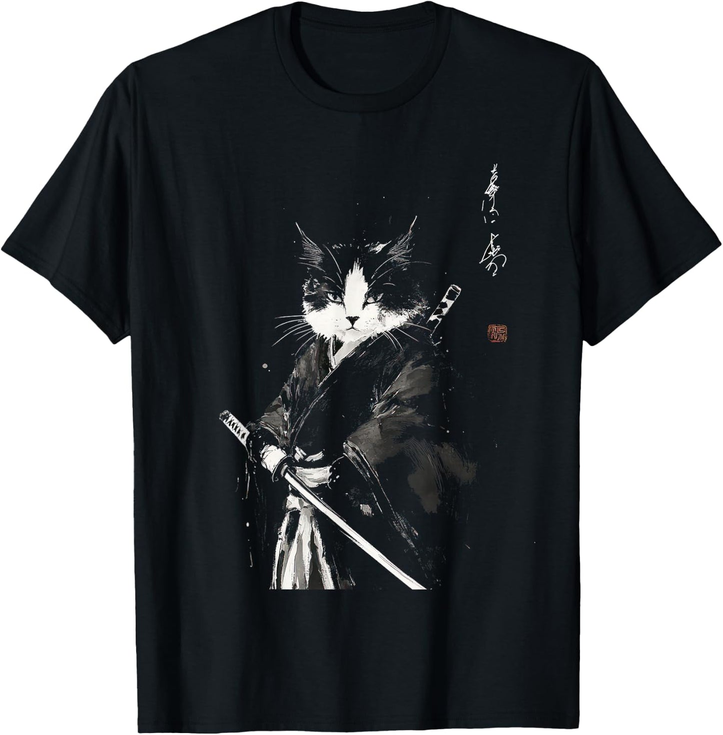 Vintage Samurai Cat Graphic Art Japanese Ukiyo-e T-Shirt - T-Shirt | Black