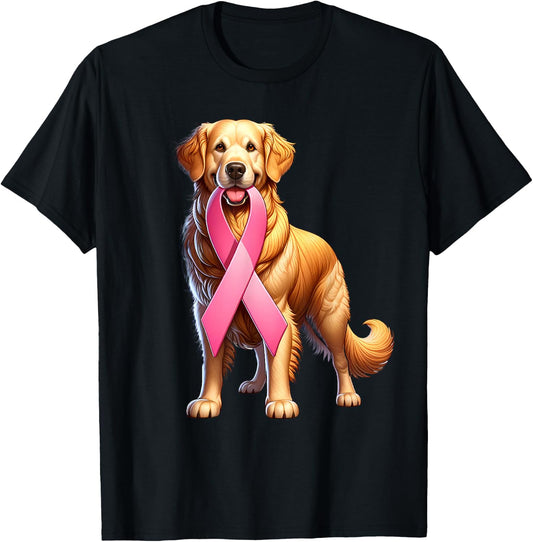 Breast Cancer Awareness Golden Retriever Pink Ribbon Dog T-Shirt - T-Shirt | Black