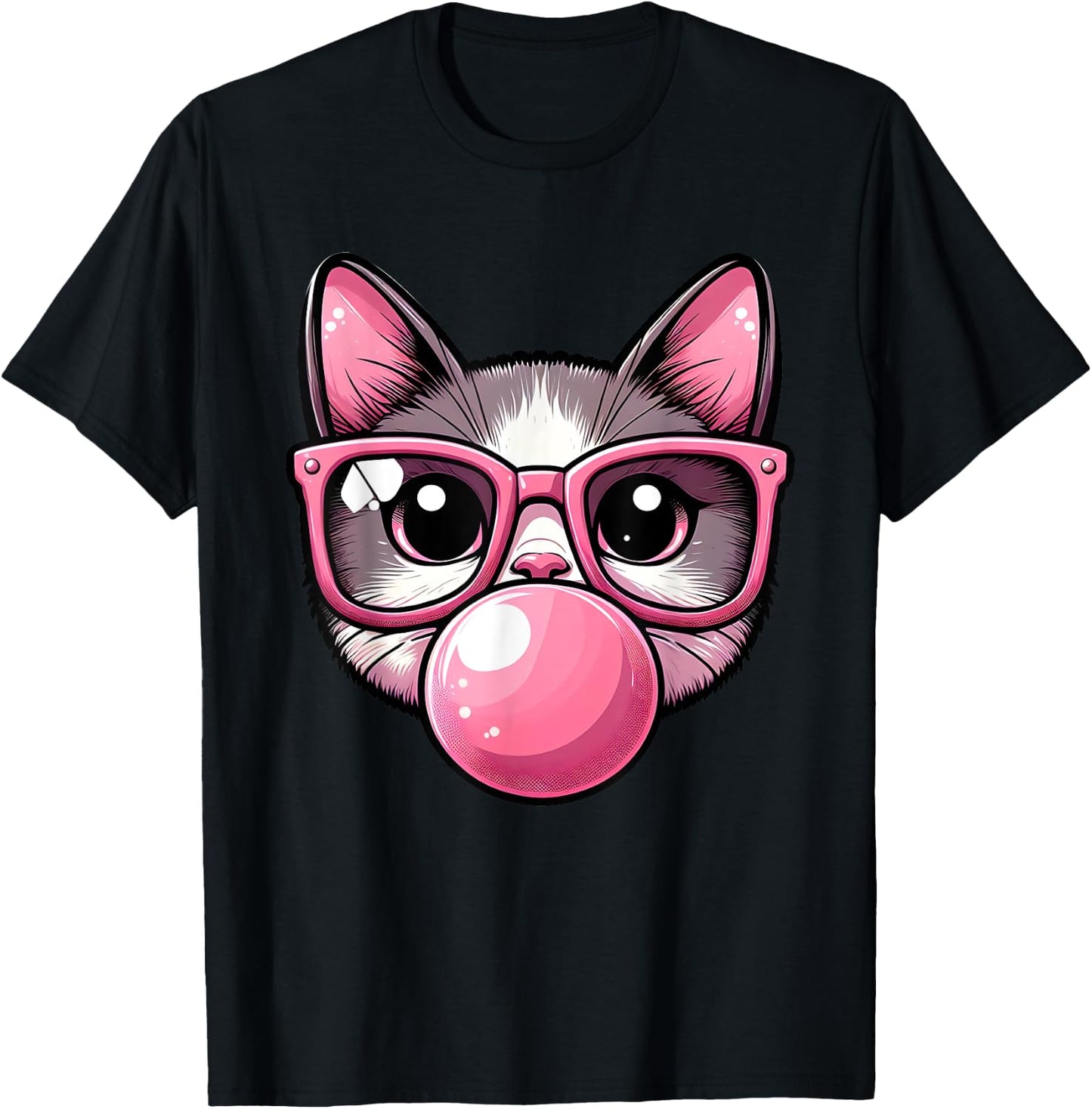 Cute and Funny Cat Pink Sunglasses And Blowing Bubble Gum Men Women Girls Kids T-Shirt - T-Shirt | Black