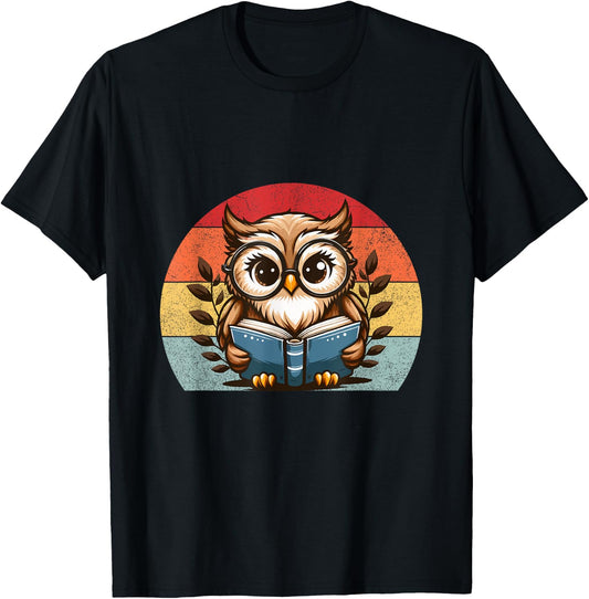 Funny Cute Owl reading a book teacher Owl Reads Book T-Shirt - T-Shirt | Black