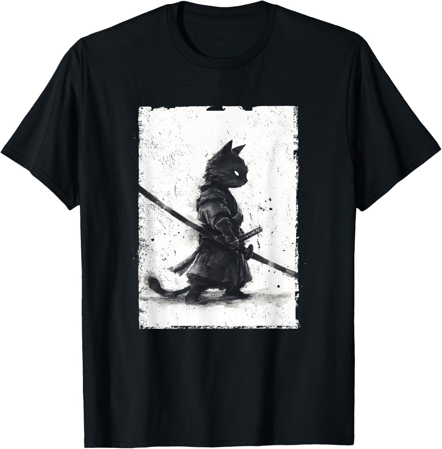 Vintage Samurai Cat Graphic Art Japanese Ukiyo-e T-Shirt - T-Shirt | Black