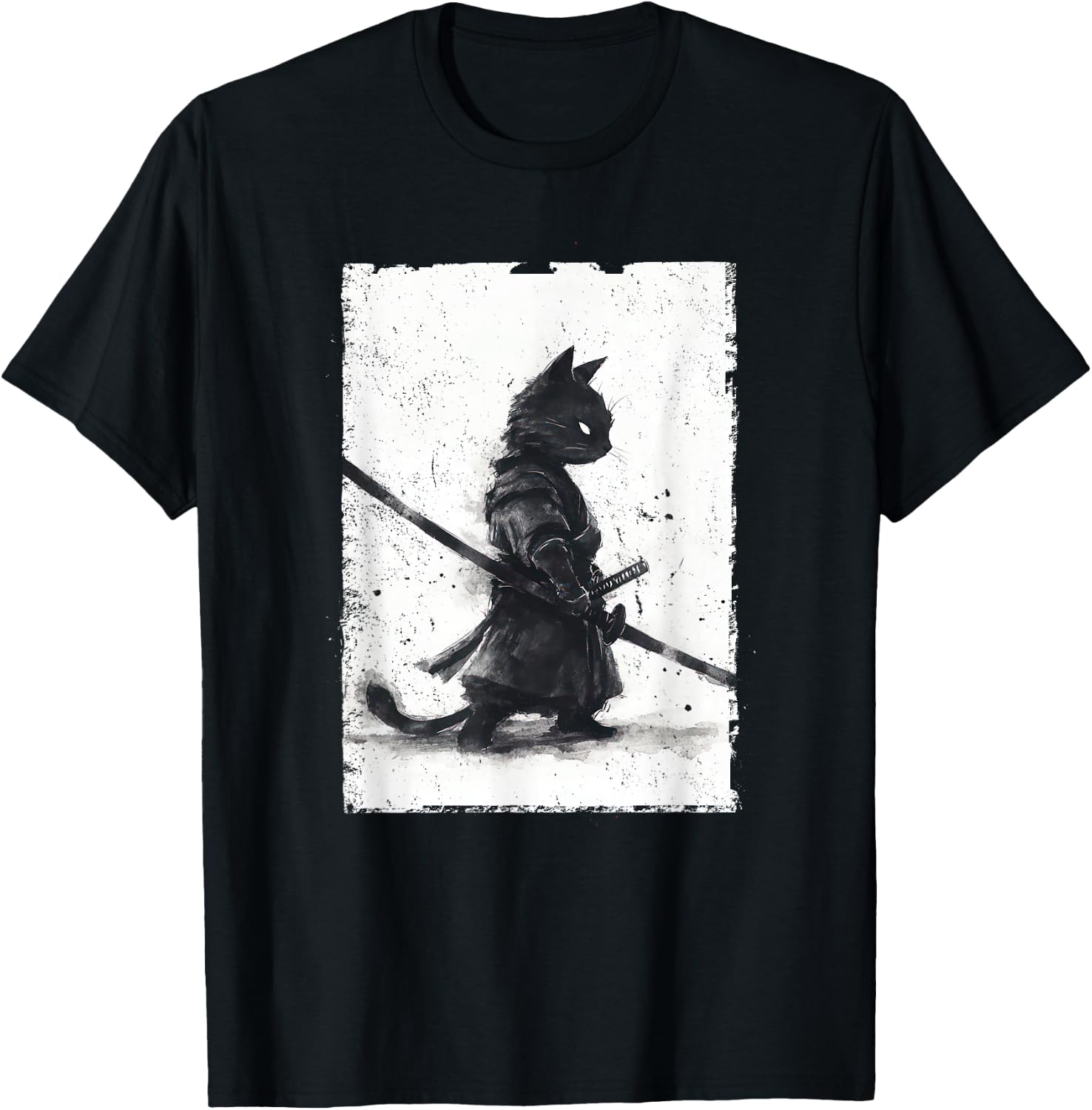 Vintage Samurai Cat Graphic Art Japanese Ukiyo-e T-Shirt - T-Shirt | Black