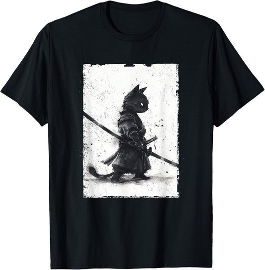 Vintage Samurai Cat Graphic Art Japanese Ukiyo-e T-Shirt - T-Shirt | Black