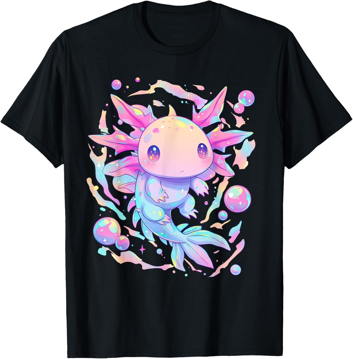 Kawaii Pastel Goth Cute Pink Sparkles Axolotl and Bubbles T-Shirt - T-Shirt | Black