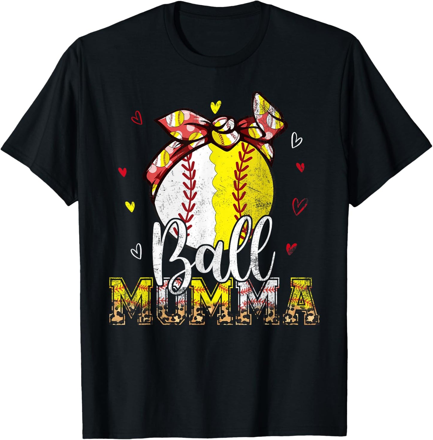 Softball Baseball Ball Momma Bandana Leopard Mothers Day T-Shirt - T-Shirt | Black