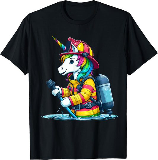 Unicorn Firefighter Fireman Birthday Party Funny Girl Love T-Shirt - T-Shirt | Black