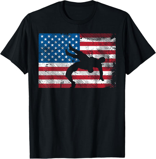 Wrestler Silhouette US Flag Vintage Wrestling Men Women Kids T-Shirt - T-Shirt | Black