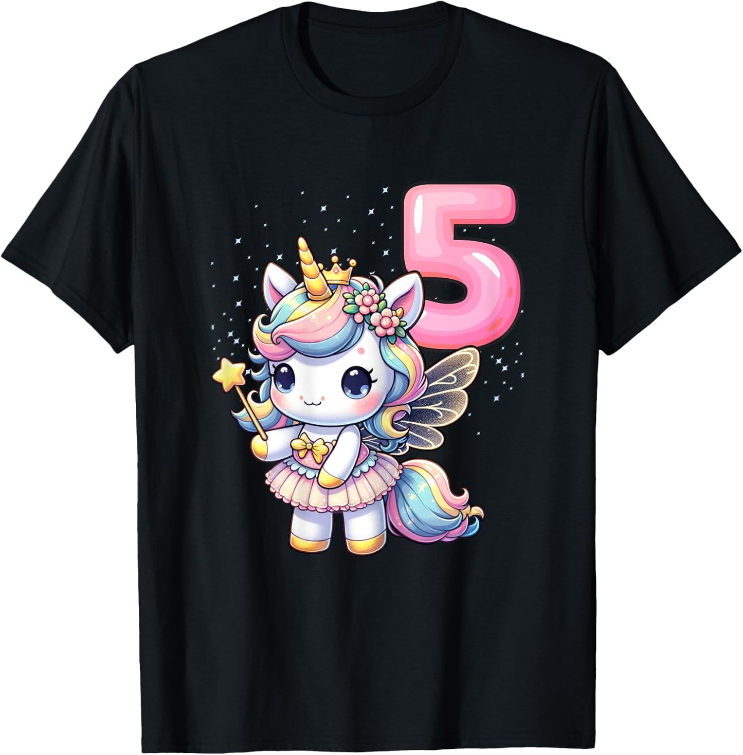Unicorn Fairy 5th Birthday 5 Year Old Party Girls Outfit T-Shirt - T-Shirt | Black