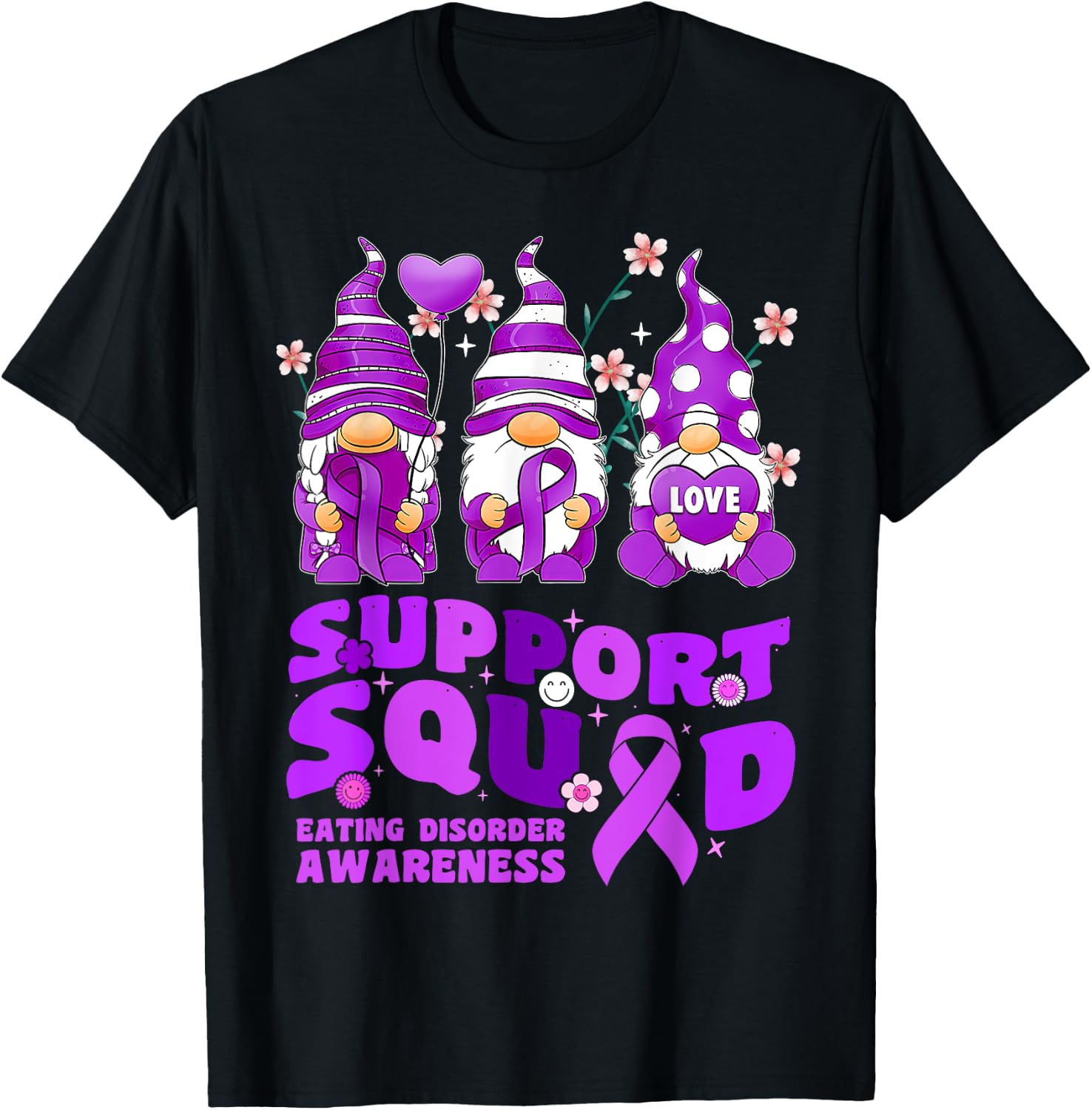 Support Squad Eating Disorder Awareness Gnome Purple Ribbon T-Shirt - T-Shirt | Black