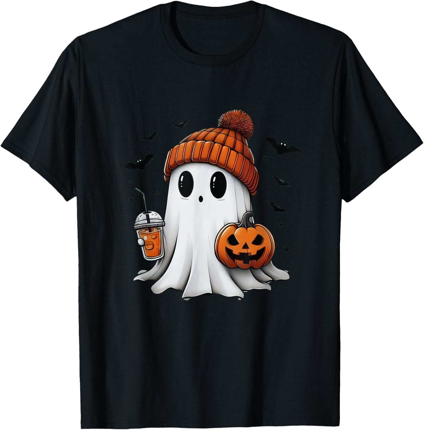 Cute Ghost Drinking Coffee Halloween Ghost Ice Coffee T-Shirt - T-Shirt | Black