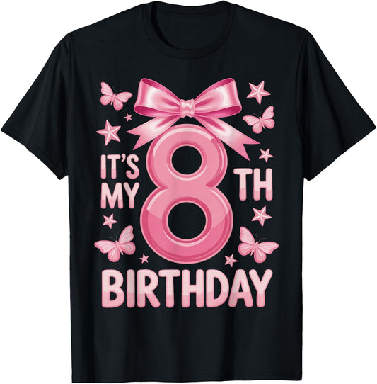 It's My 8th Birthday Girl Bow Princess Fantasy Party T-Shirt - T-Shirt | Black
