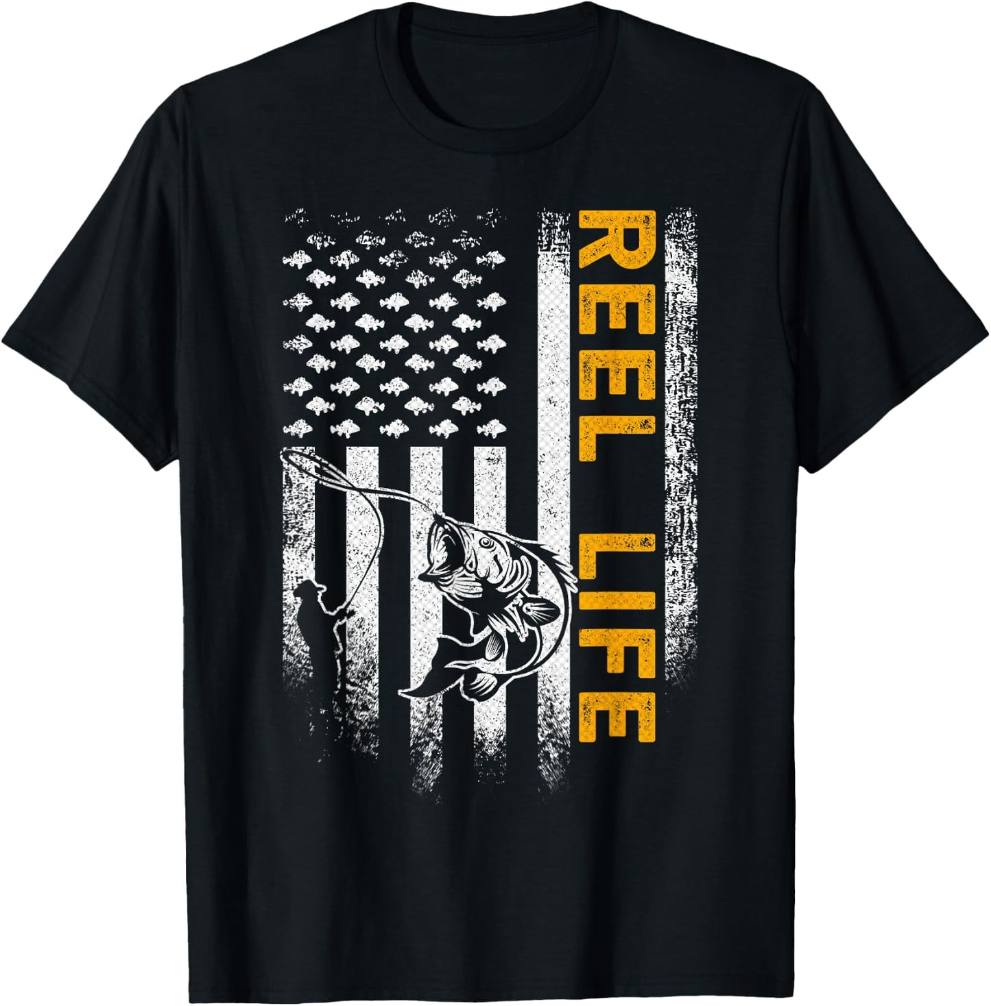 Vintage USA Flag Reel Life, Fisherman, Fishing Lover T-Shirt - T-Shirt | Black