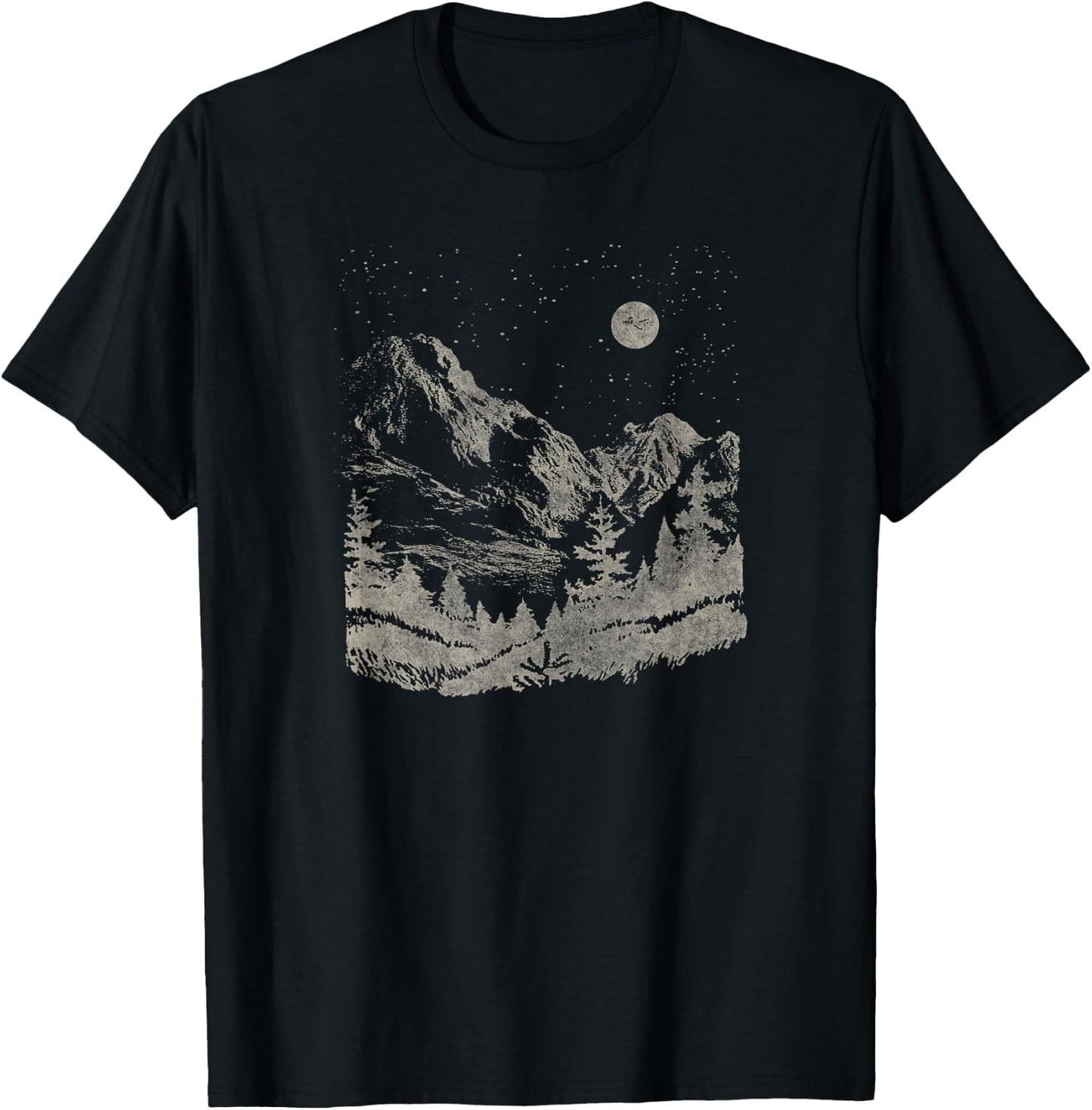Trendy Nighttime Mountain Forest Scene T-Shirt - T-Shirt | Black
