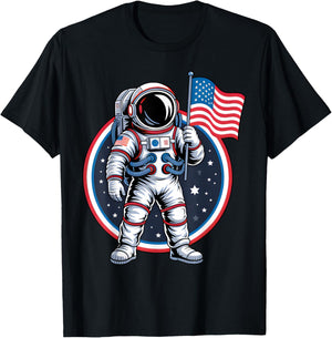 Cool 4th Of July Astronaut Holding American Flag Astronaut T-Shirt - T-Shirt | Black