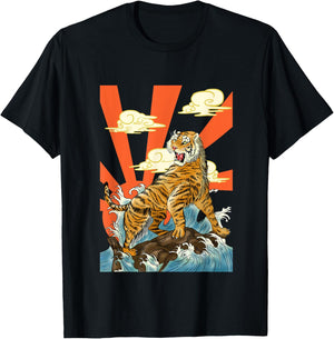 Majestic Tiger Roaring Over Waves with Rising Sun Backdrop T-Shirt - T-Shirt | Black