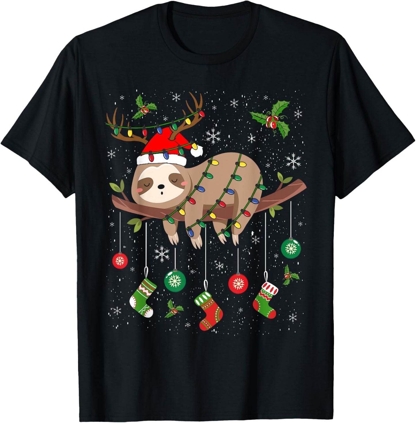 Sloths Xmas Lighting Reindeer Santa Hat Sloth Christmas T-Shirt - T-Shirt | Black