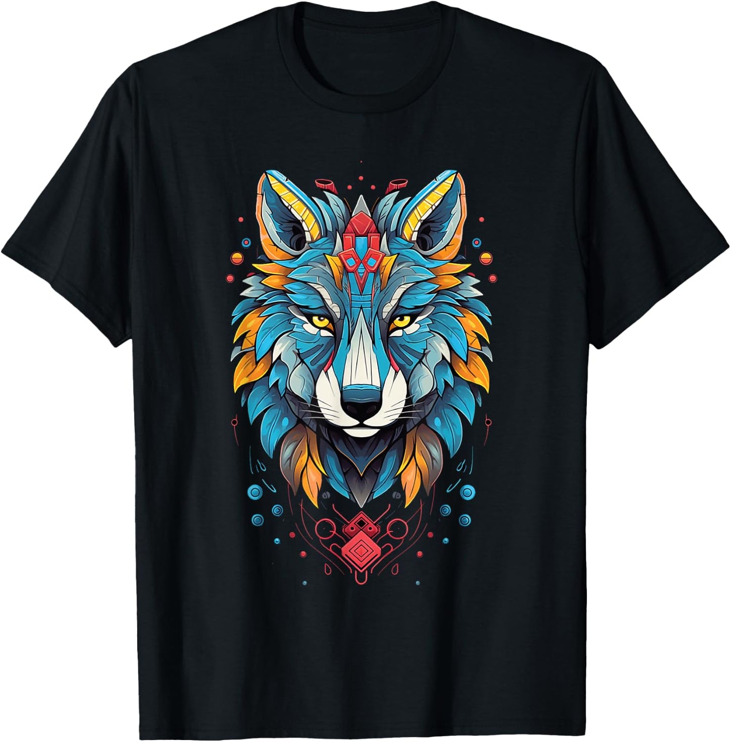 Native American Boho Wolf Splash Art Animal Face Wolf T-Shirt - T-Shirt | Black