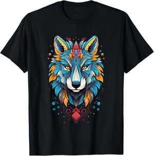Native American Boho Wolf Splash Art Animal Face Wolf T-Shirt - T-Shirt | Black