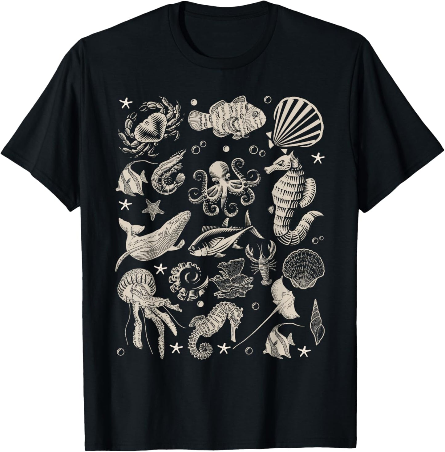Vintage Ocean Wildlife Shark Turtle Octopus T-Shirt - T-Shirt | Black