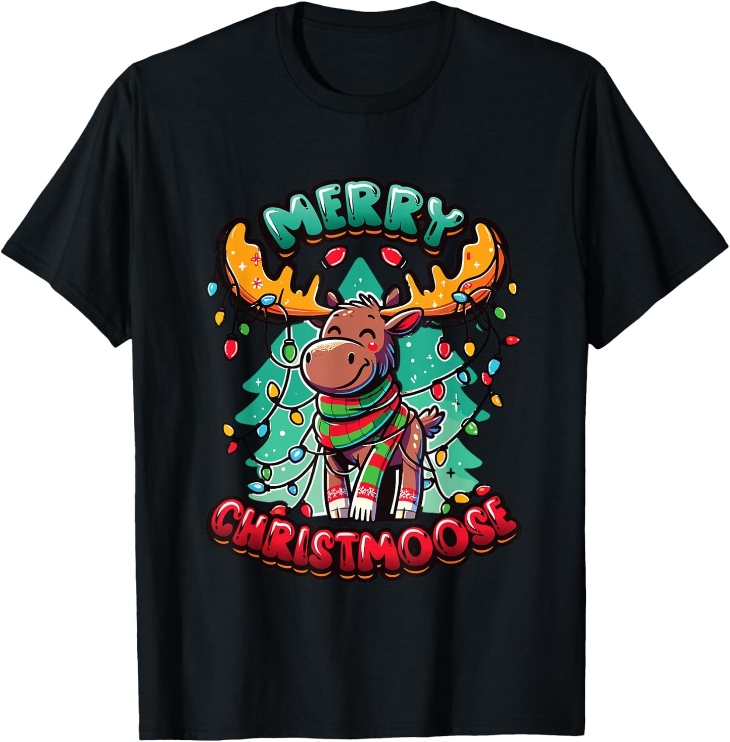 Merry Christmoose Xmas Tree Moose Merry Christmas Moose T-Shirt - T-Shirt | Black