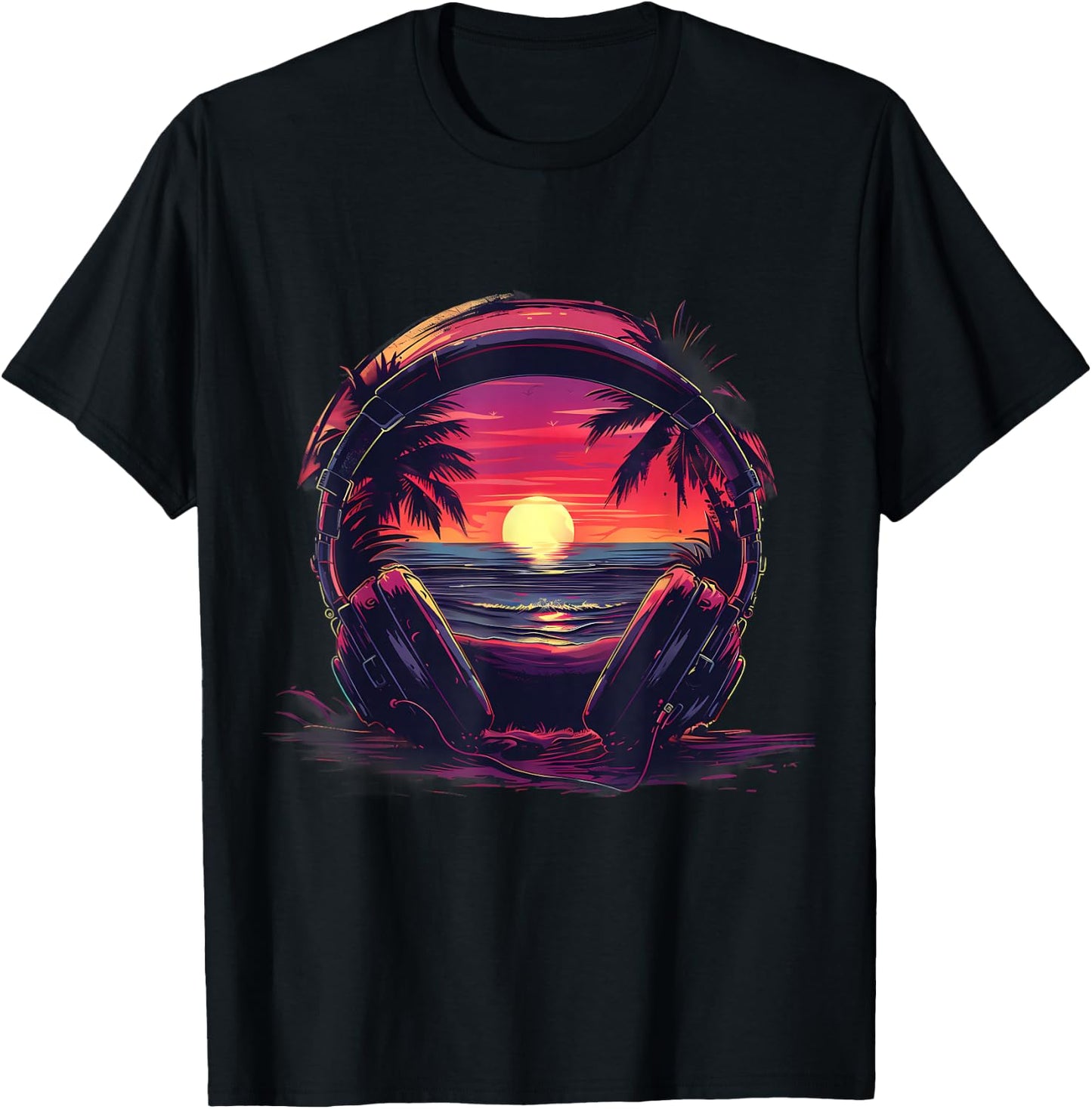 Headphones Music DJ House Music Sunset Artwork Beatmaker T-Shirt - T-Shirt | Black