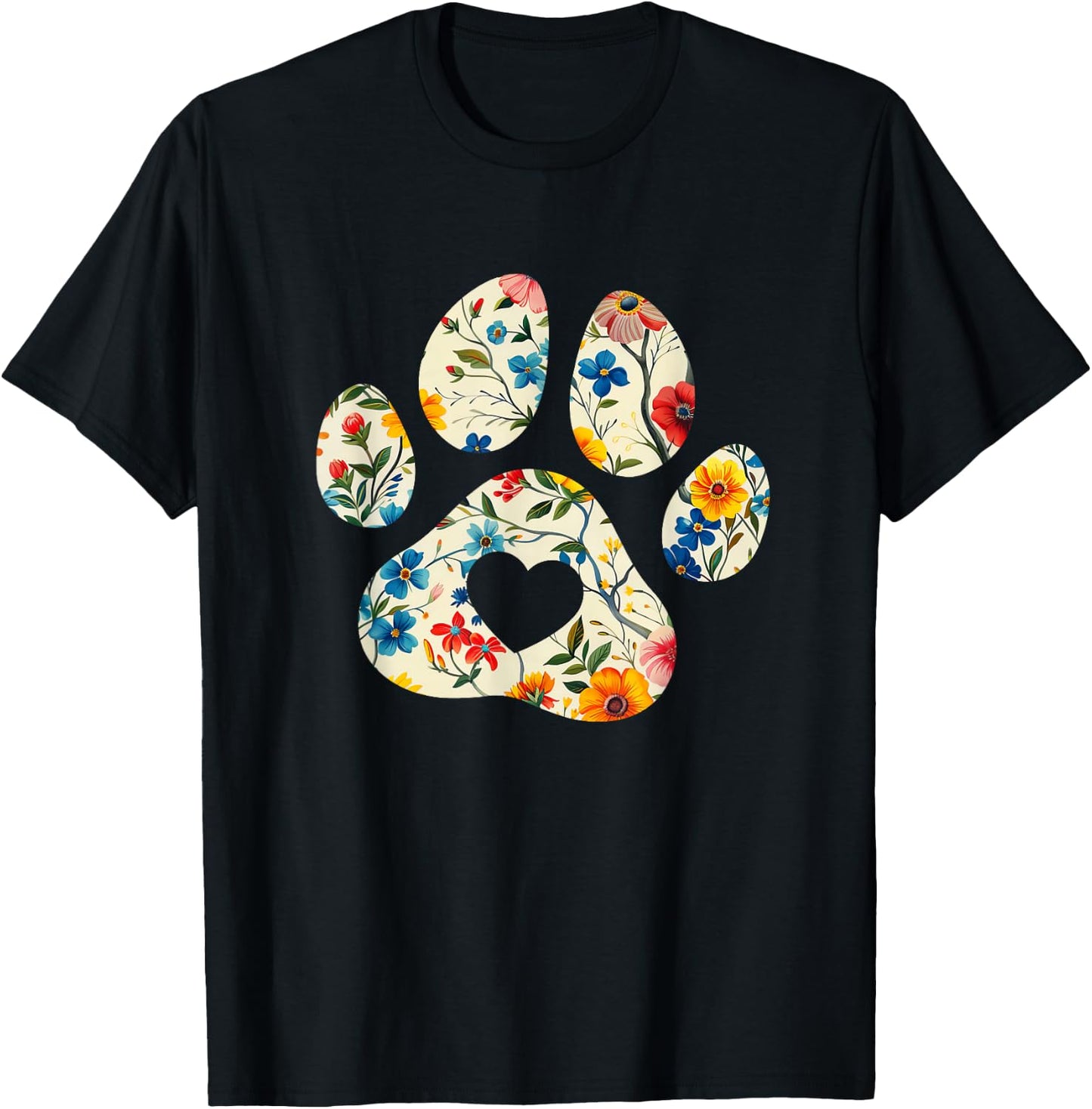 Vintage Silhouette Flowers Floral Paw Print Heart T-Shirt - T-Shirt | Black