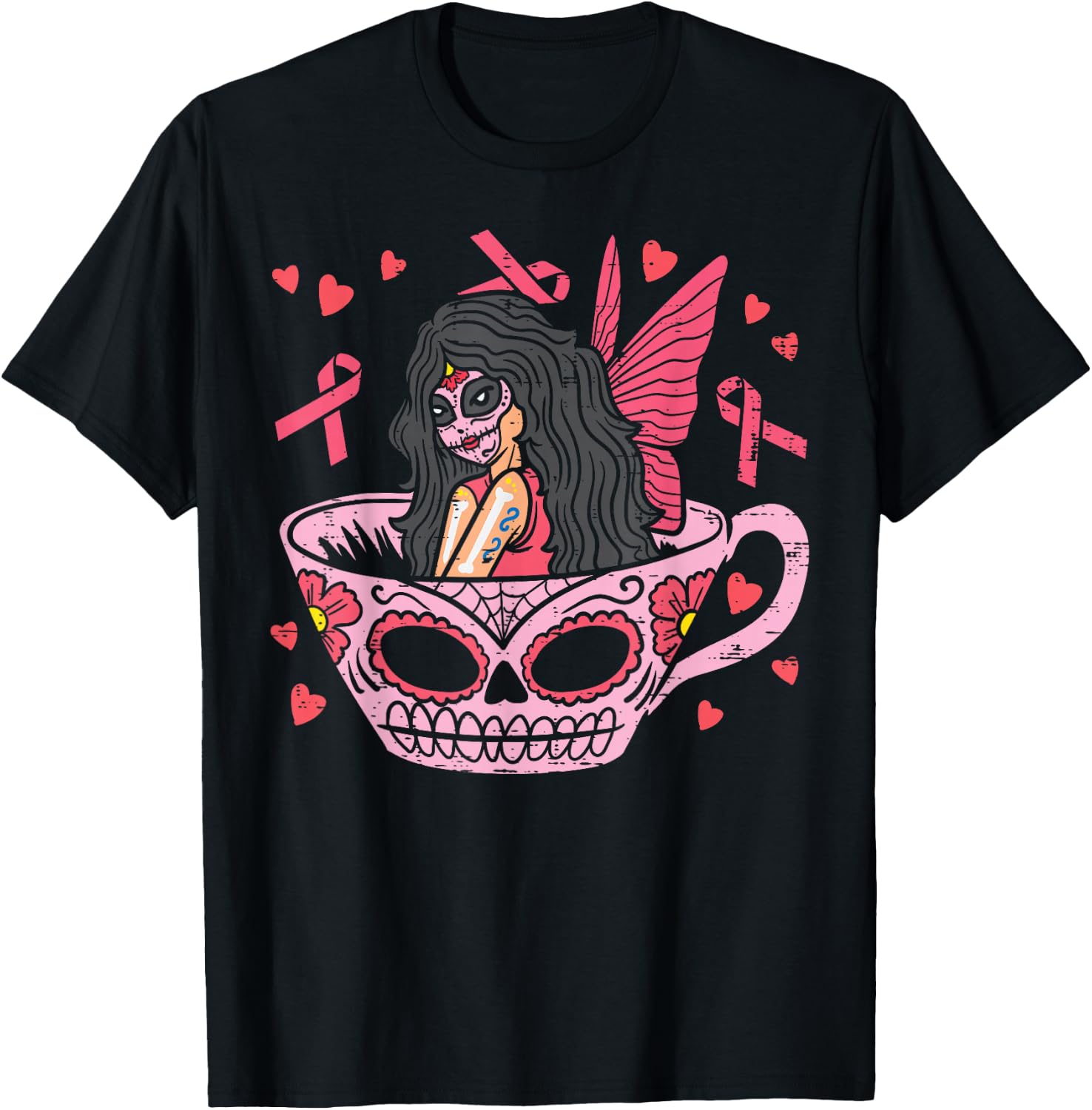 Sugar Skull Fairy In Tea Cup Breast Cancer Awareness Mexican T-Shirt - T-Shirt | Black