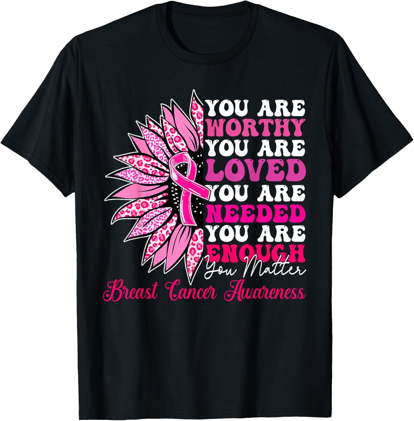 Sunflower Pink Breast Cancer Awareness Women Girls Warrior T-Shirt - T-Shirt | Black