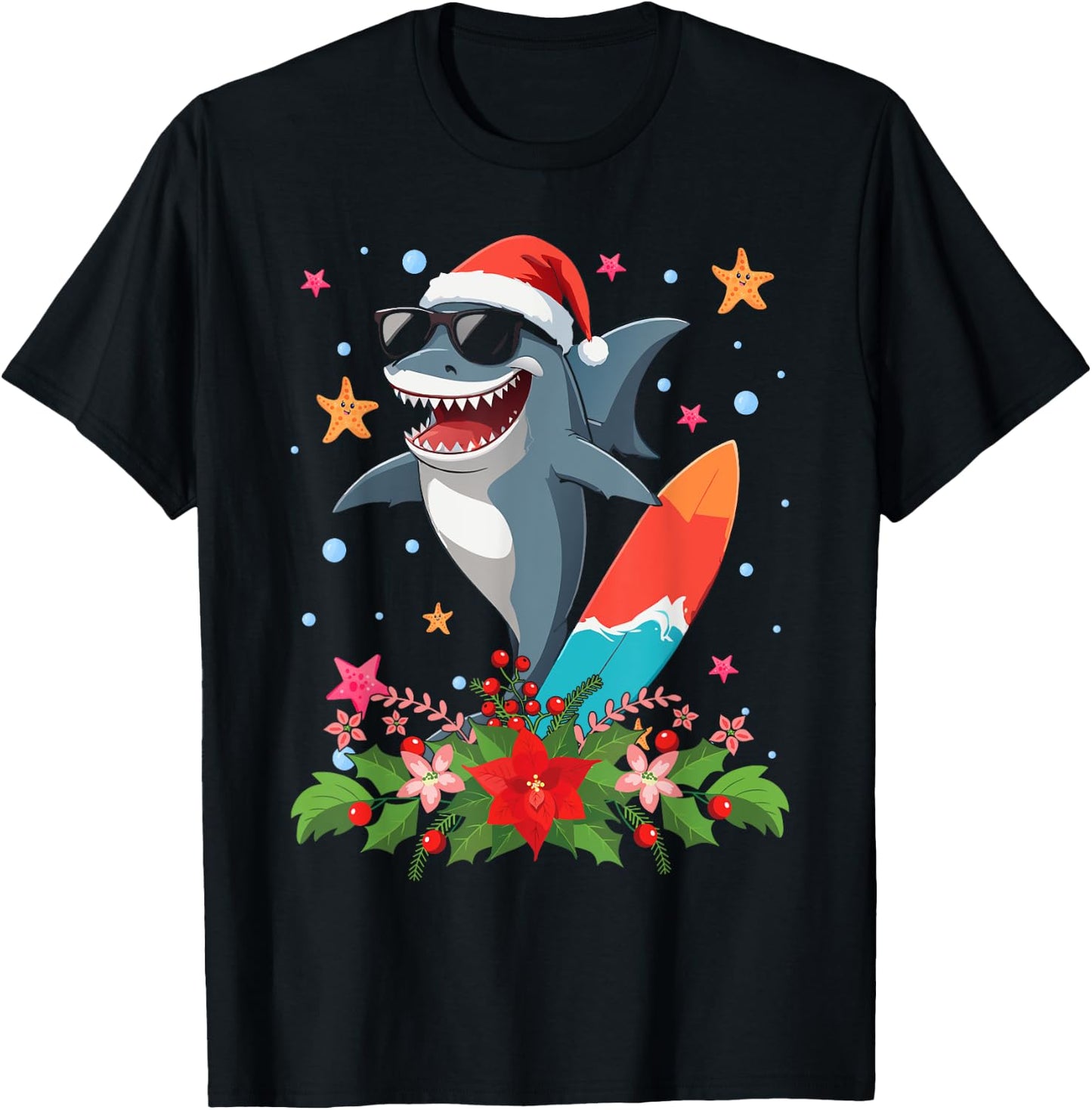 Funny Shark Hawaiian Summer Surfing Shark Christmas in July Men Women Kids T-Shirt - T-Shirt | Black