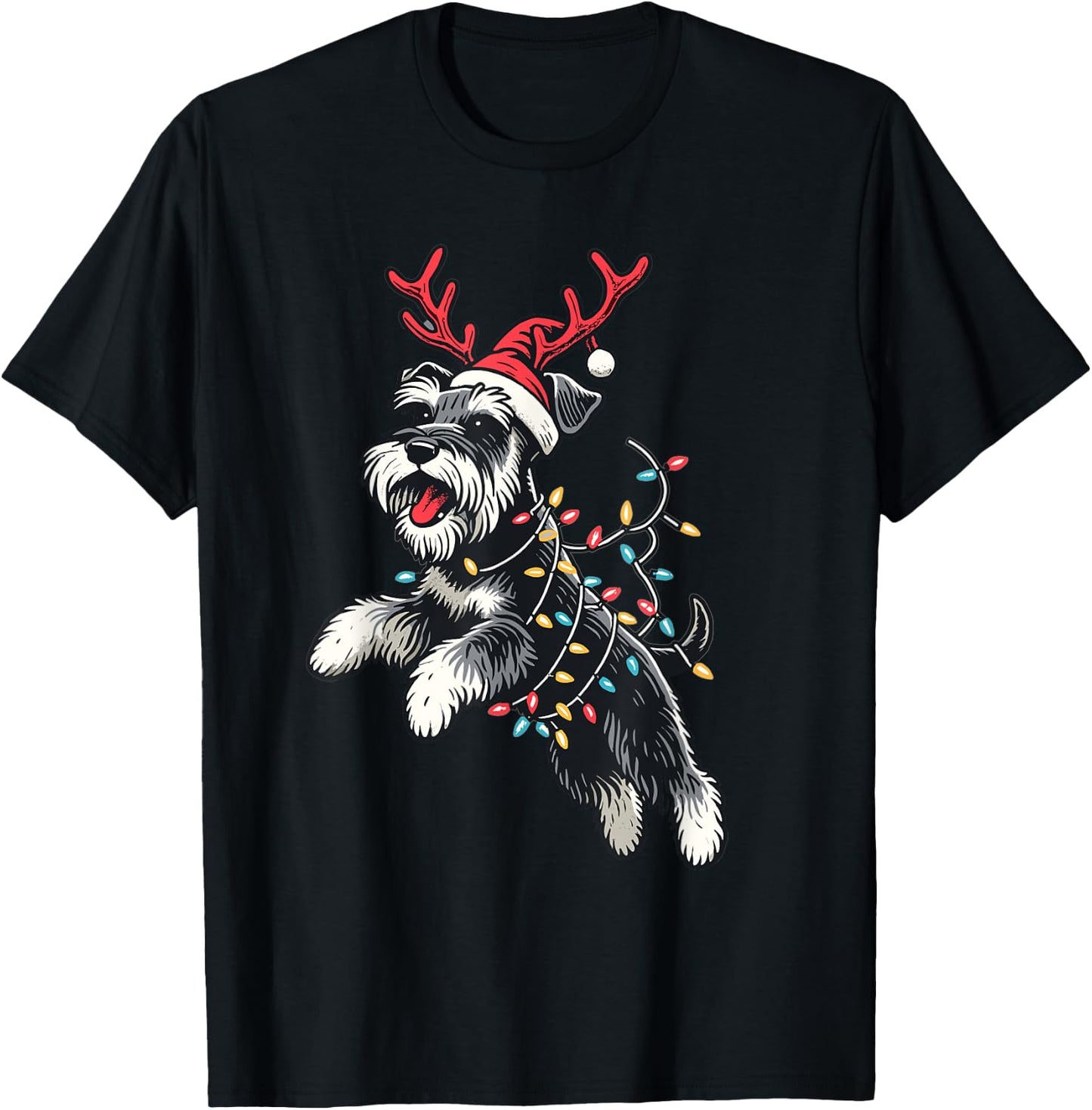 Miniature Schnauzer Dog Santa Hat Christmas Lights Pajama Women Kids T-Shirt - T-Shirt | Black